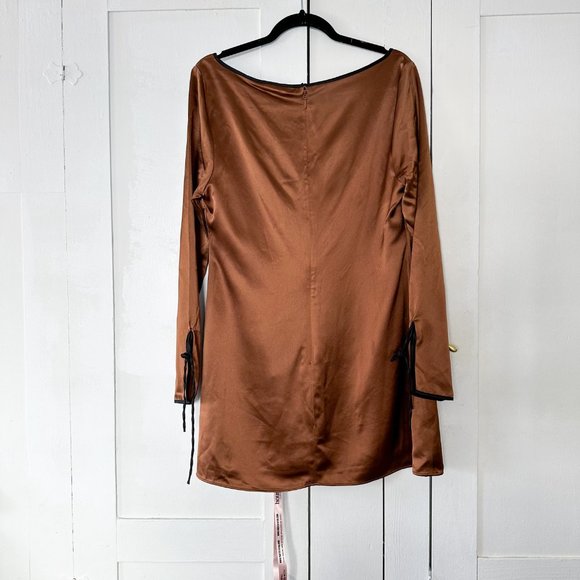 House of CB | NWT Sakina Satin Long Sleeve Mini Dress in Copper Coffee - Picture 4 of 10